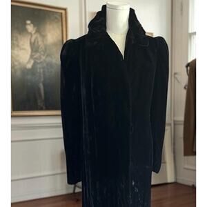 1930s Soft Black Velvet Hostess Coat, Ruched Collar,  Floor Length Velvet Duster